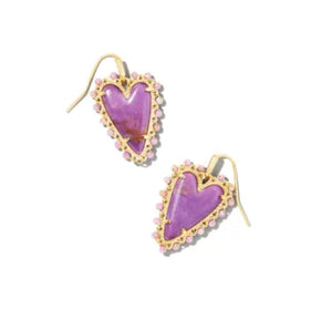Beaded Ansley Heart Gold Drop Earrings in Lilac Phosphate