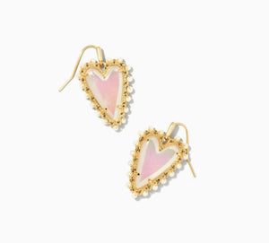 Beaded Ansley Heart Gold Drop Earrings in Iridescent Frosted Glass