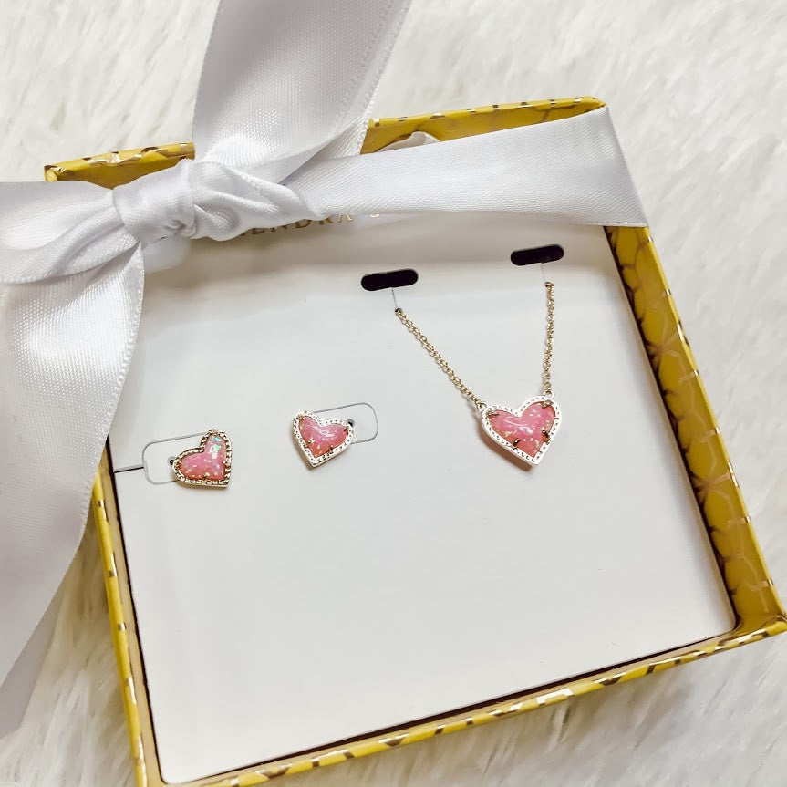 Ari Heart Necklace & Earrings Gift Set in Light Pink Kyocera Opal
